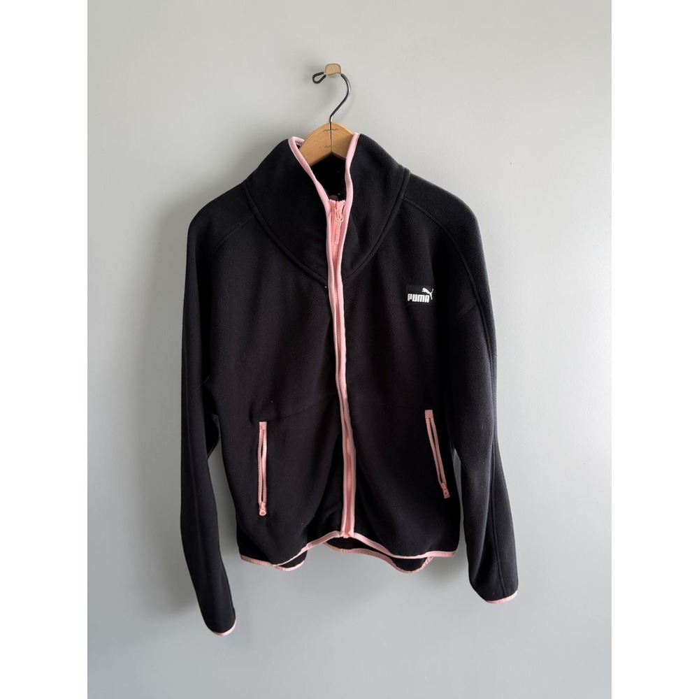 Puma Womens Full Zip Fleece Jacket Black Pink Funnel Neck Activewear M